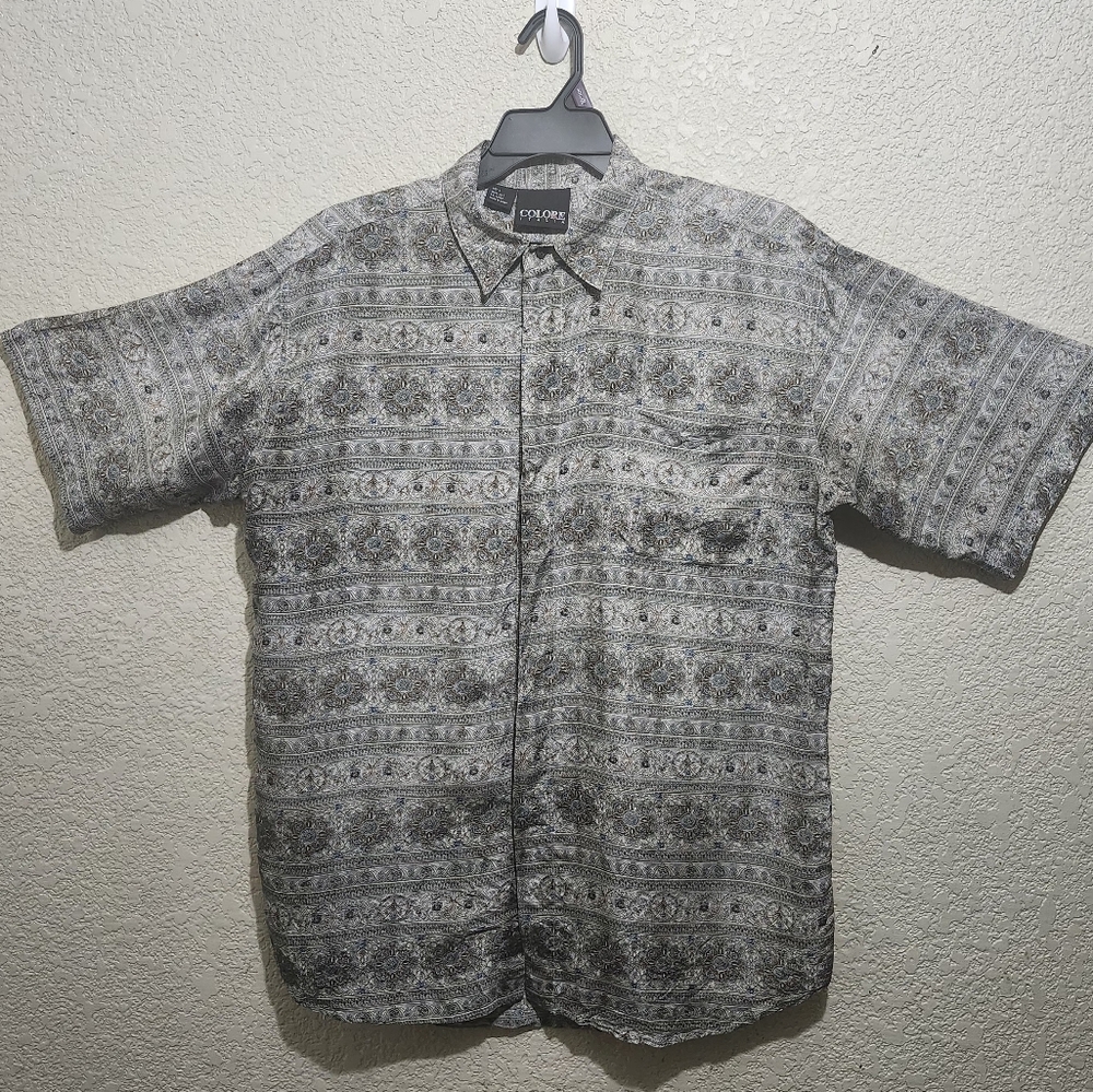 100% Silk Vintage COLORE ITALIA Gray Patterned Men's Shirt